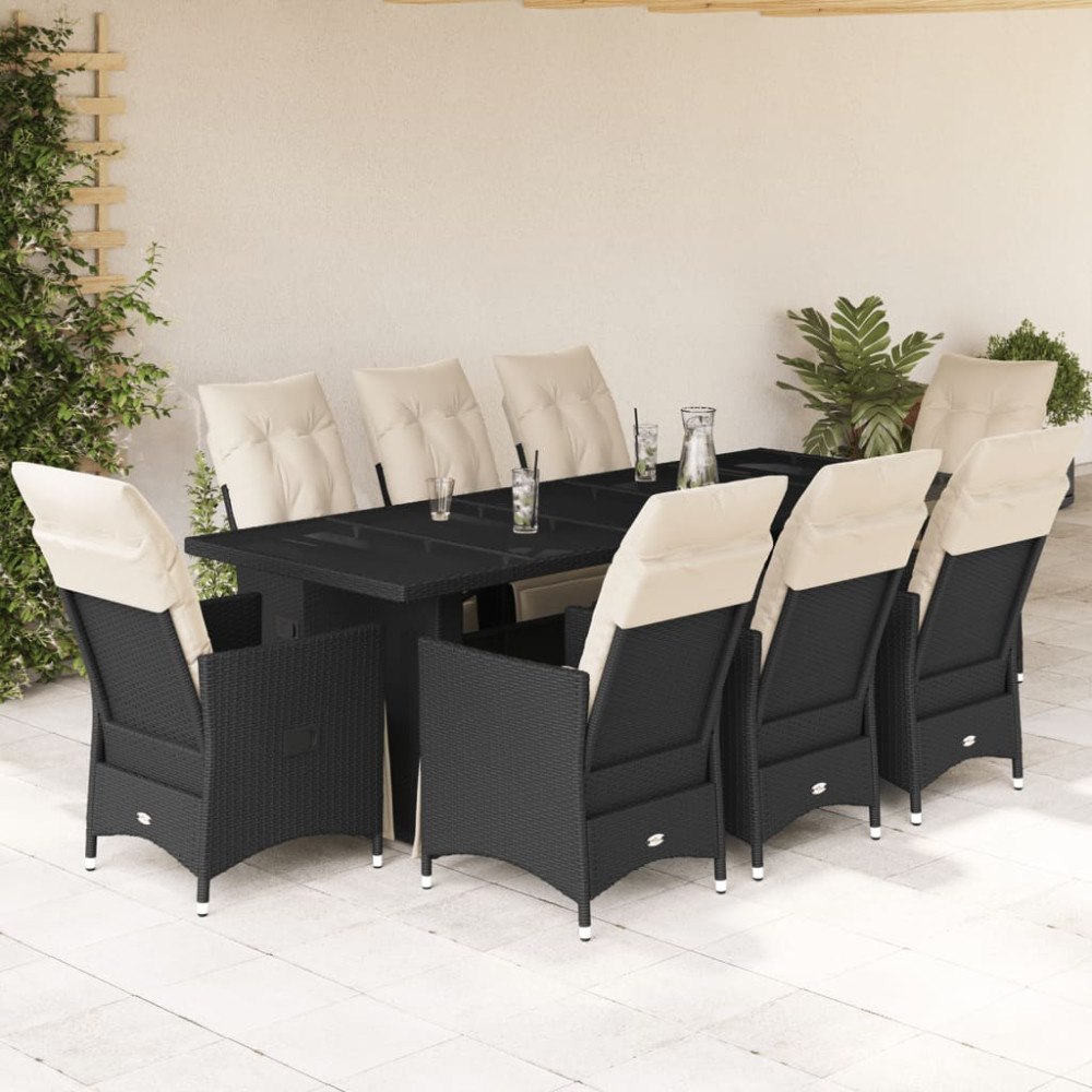 vidaXL Caféset med dynor 9 delar konstrotting svart