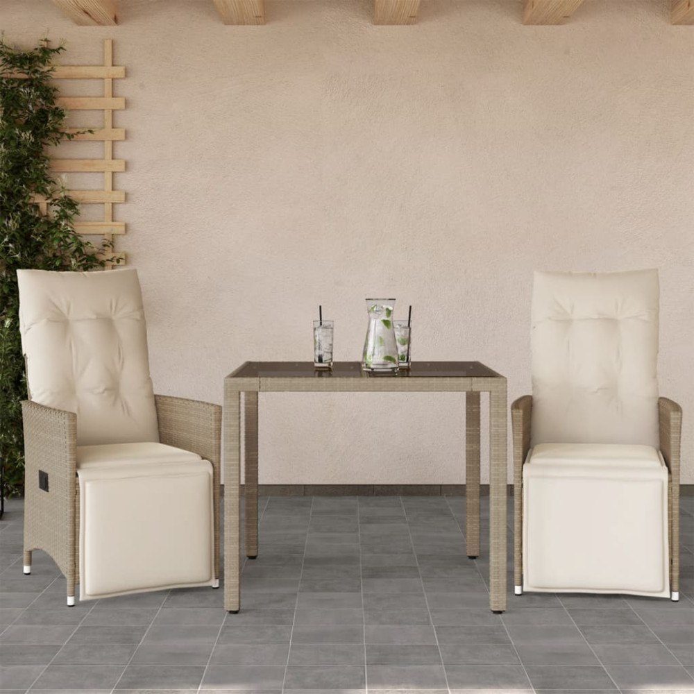 vidaXL Caféset för trädgården 3 delar med dynor beige konstrotting