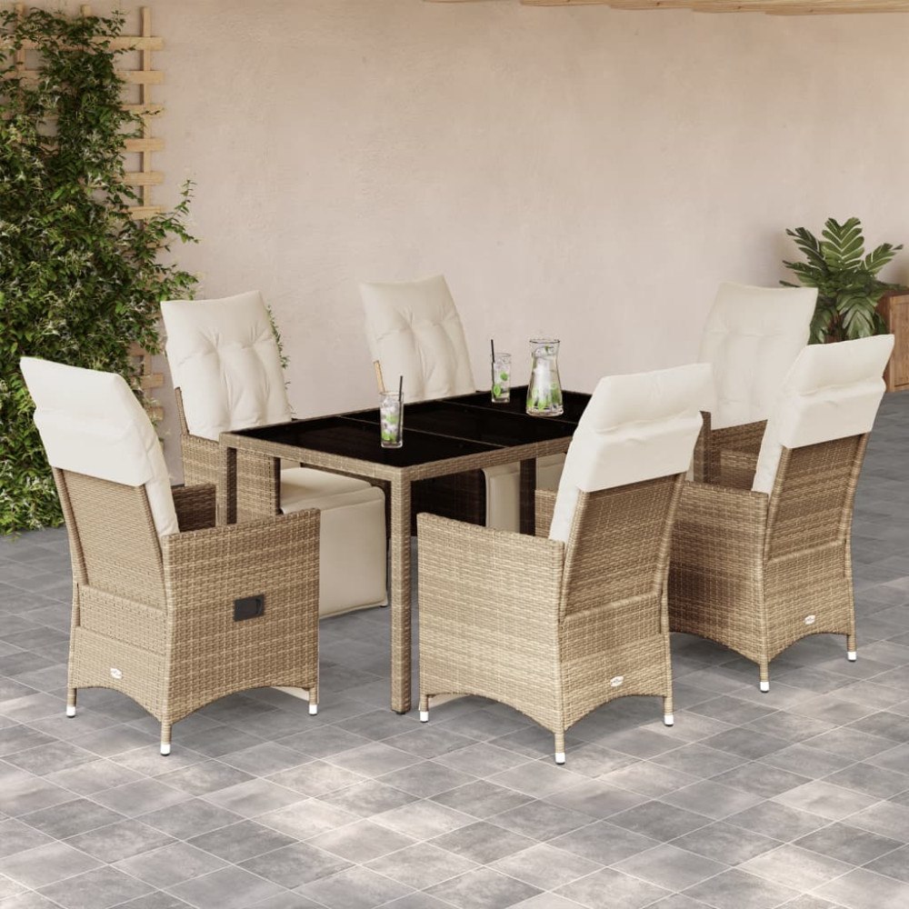 vidaXL Caféset för trädgården 7 delar med dynor beige konstrotting