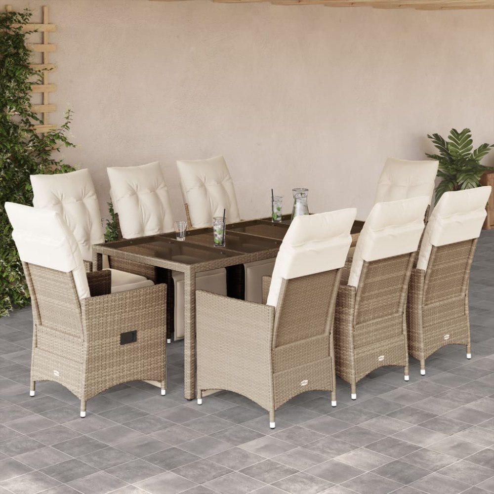 vidaXL Caféset för trädgården 9 delar med dynor beige konstrotting