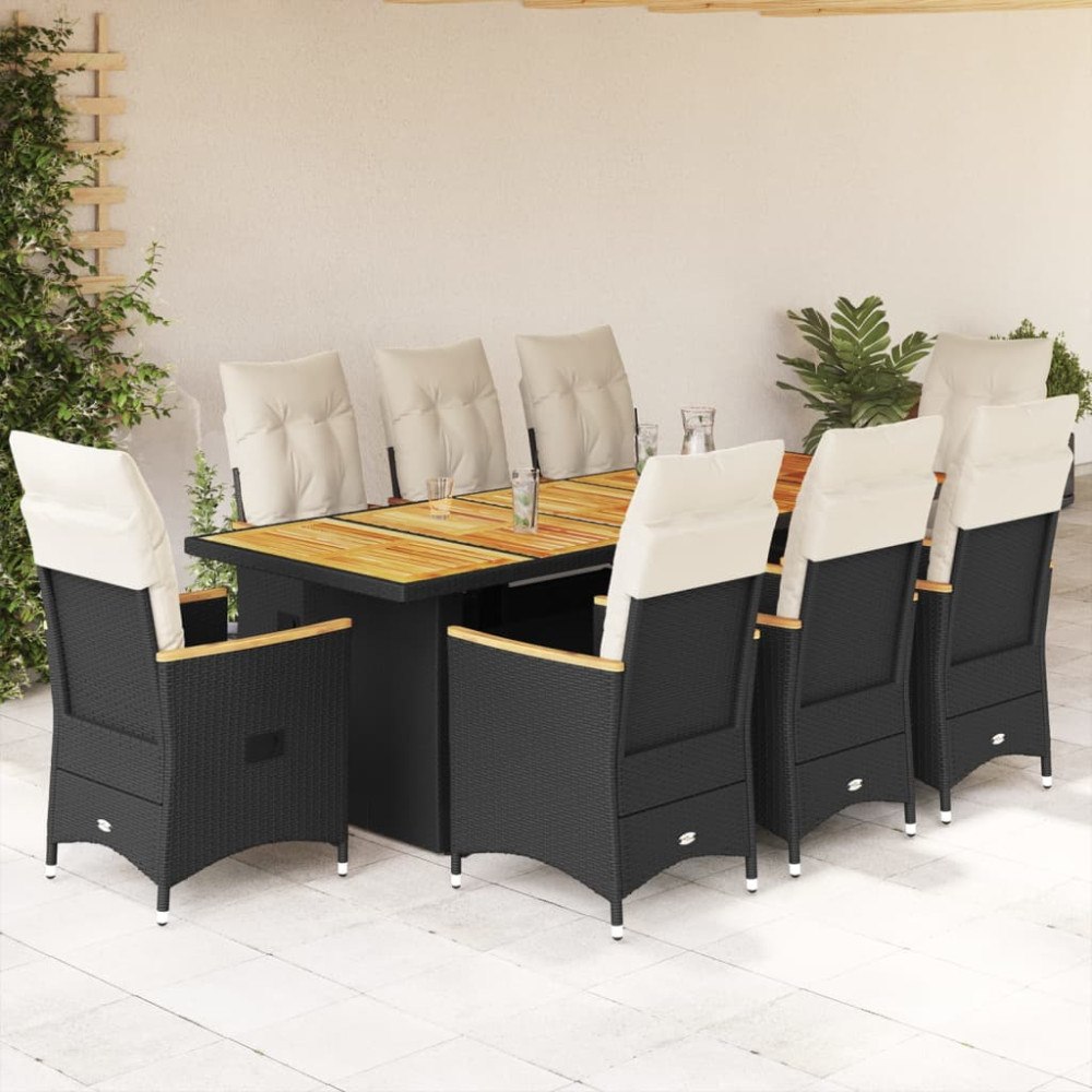 vidaXL Caféset med dynor 9 delar konstrotting svart
