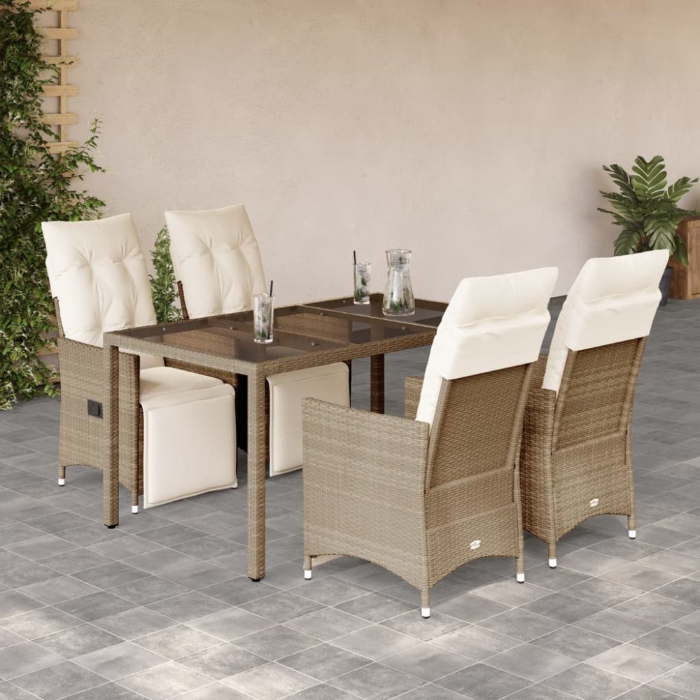vidaXL Caféset för trädgården 5 delar med dynor beige konstrotting