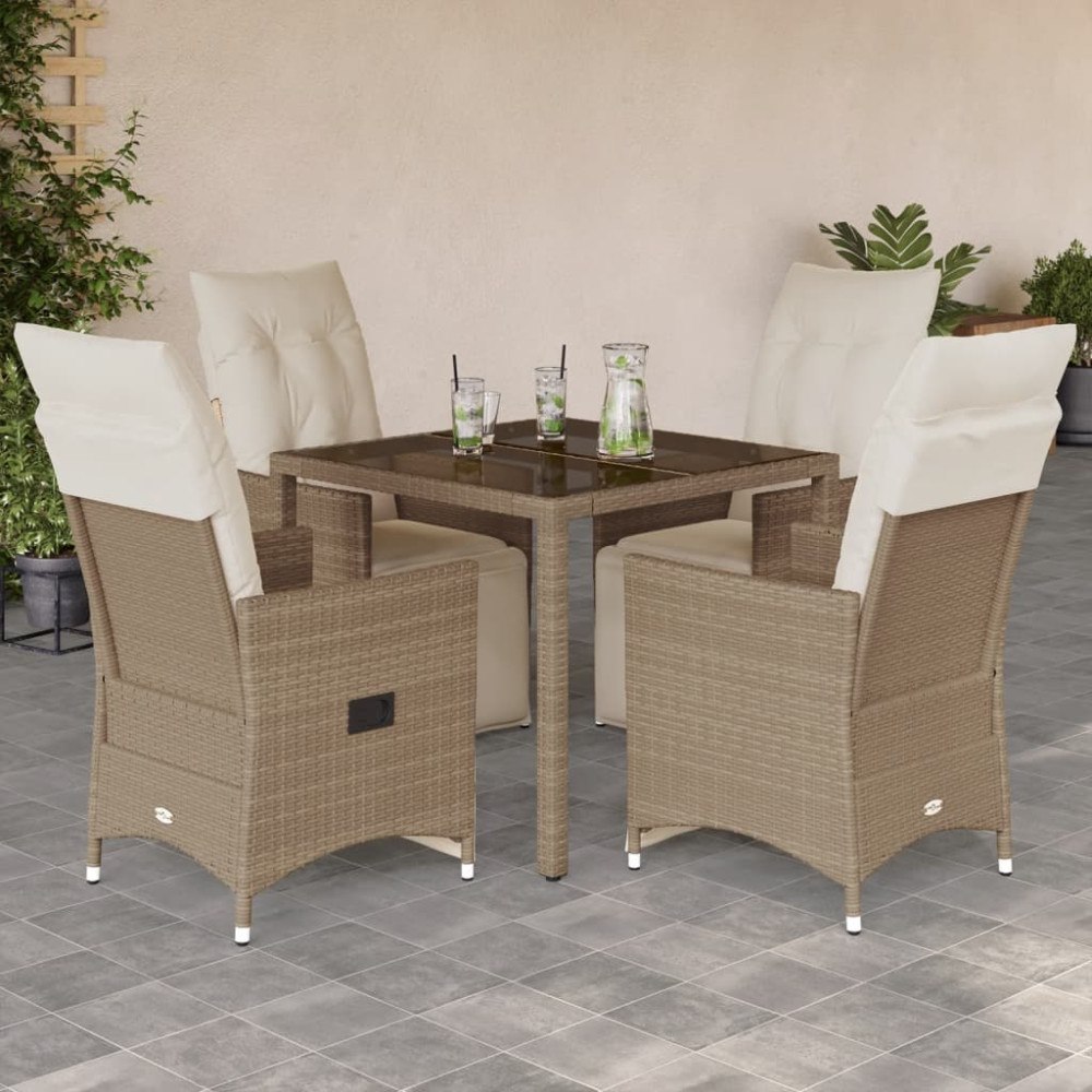 vidaXL Caféset för trädgården 5 delar med dynor beige konstrotting