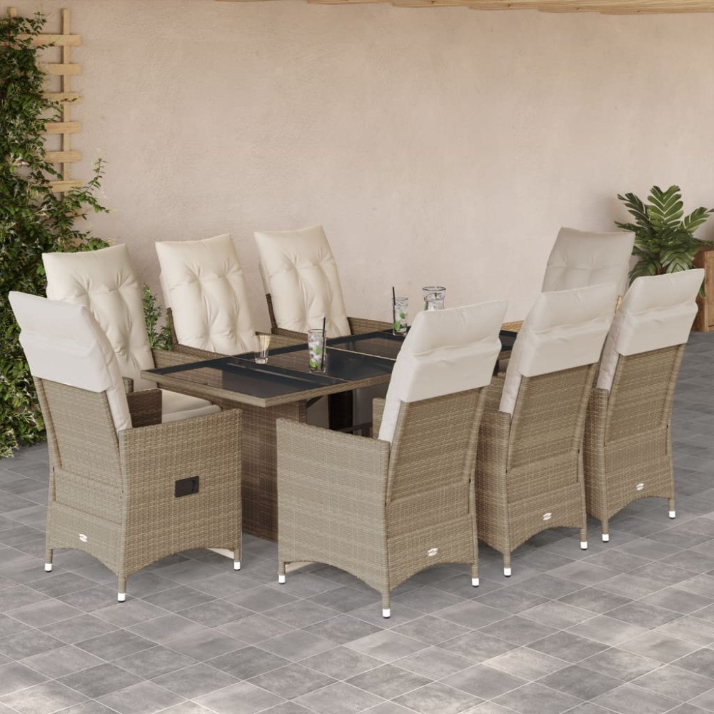 vidaXL Caféset för trädgården 9 delar med dynor beige konstrotting