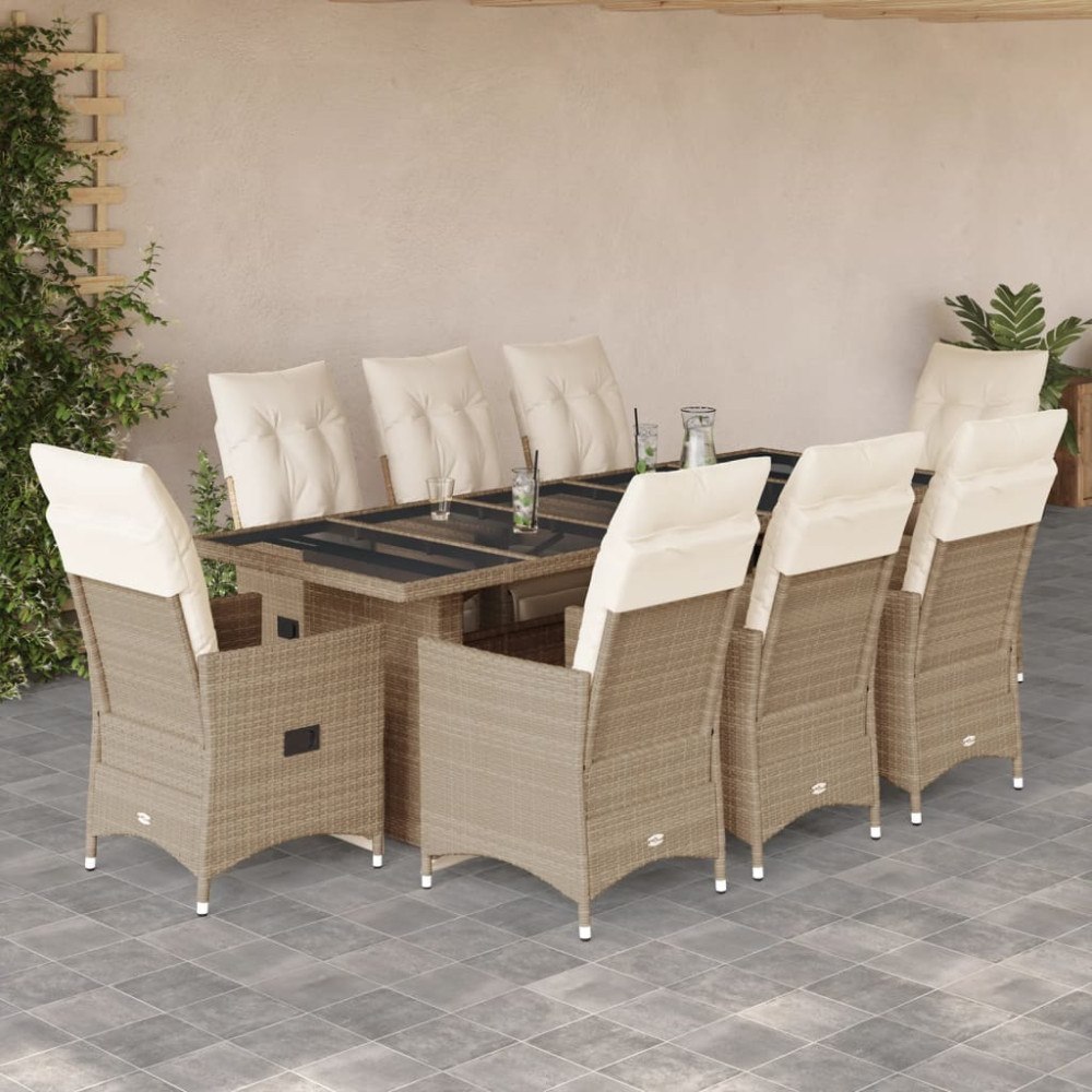 vidaXL Caféset för trädgården 9 delar med dynor beige konstrotting
