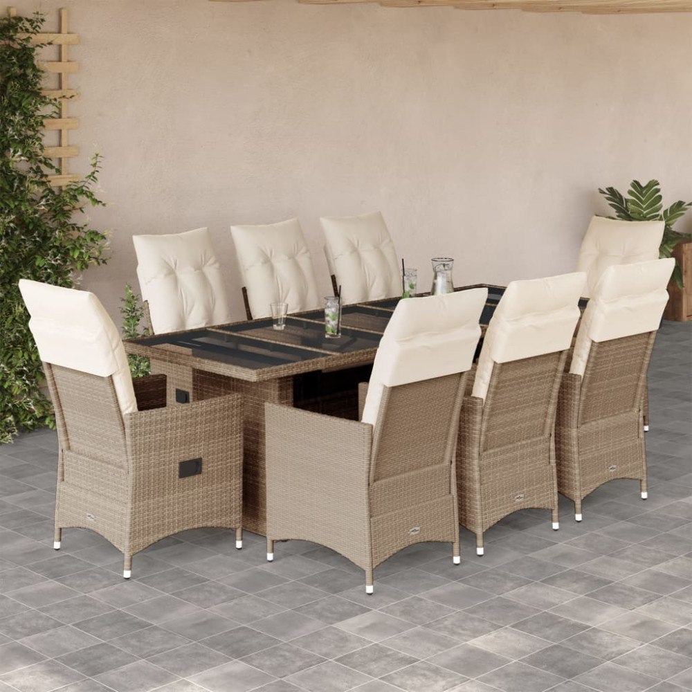 vidaXL Caféset för trädgården 9 delar med dynor beige konstrotting