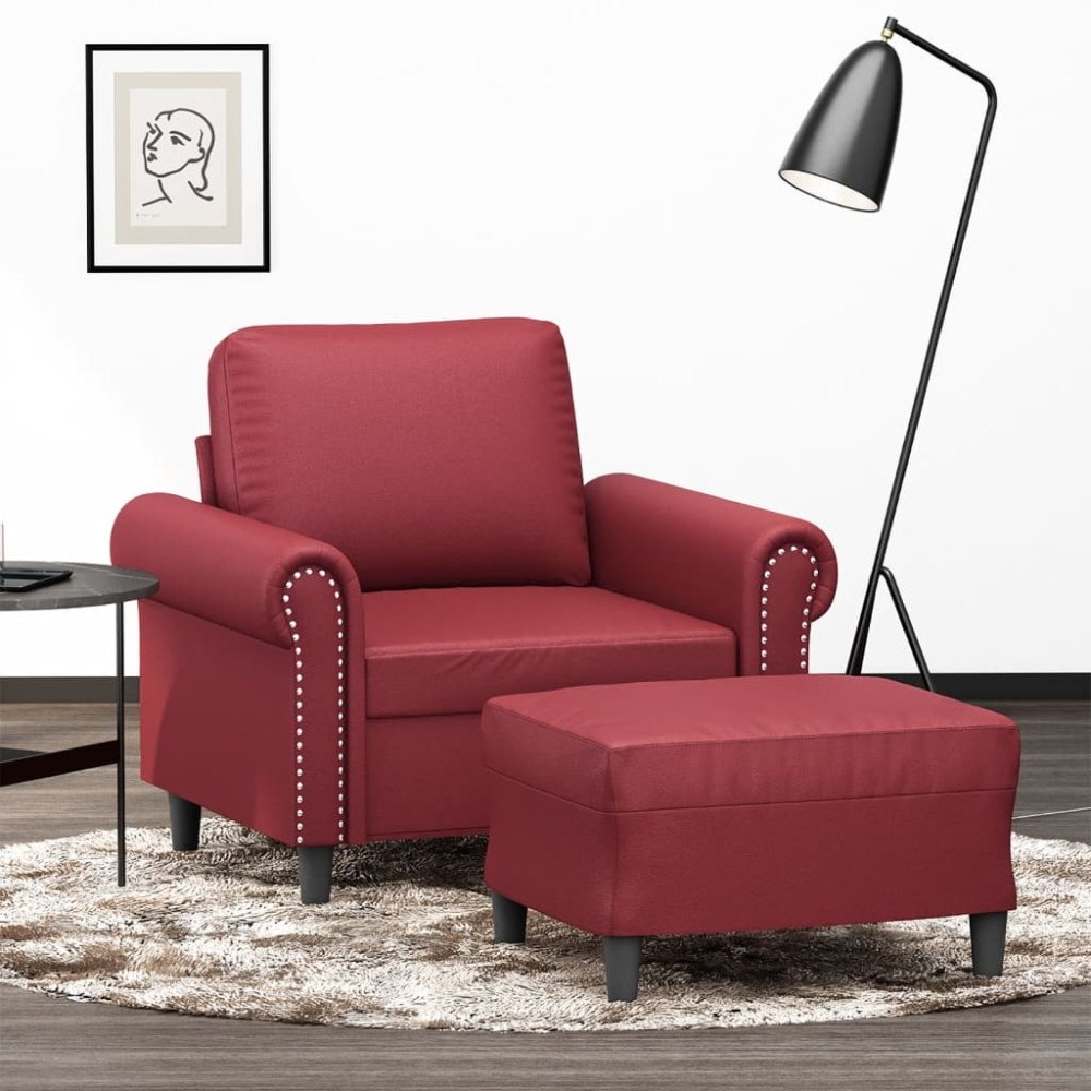 vidaXL Fåtölj med fotpall vinröd 60 cm Konstläder