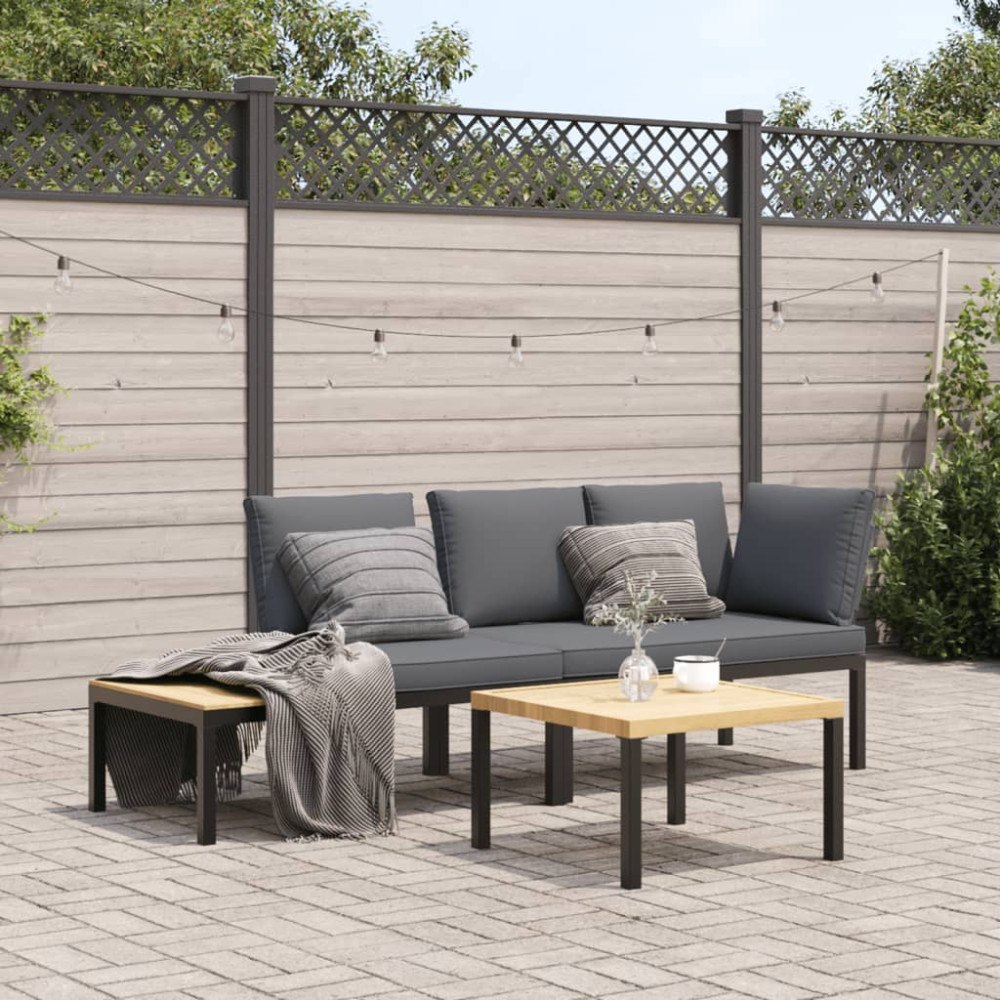 vidaXL Trädgårdssoffa med dynor 3 delar svart aluminium