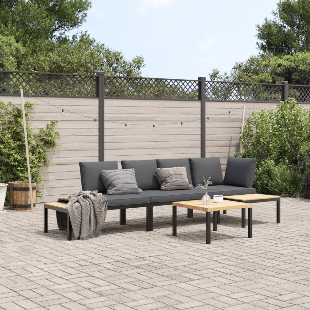 vidaXL Trädgårdssoffa med dynor 4 delar svart aluminium