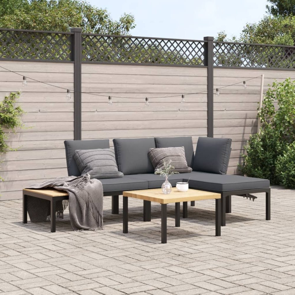 vidaXL Trädgårdssoffa med dynor 4 delar svart aluminium