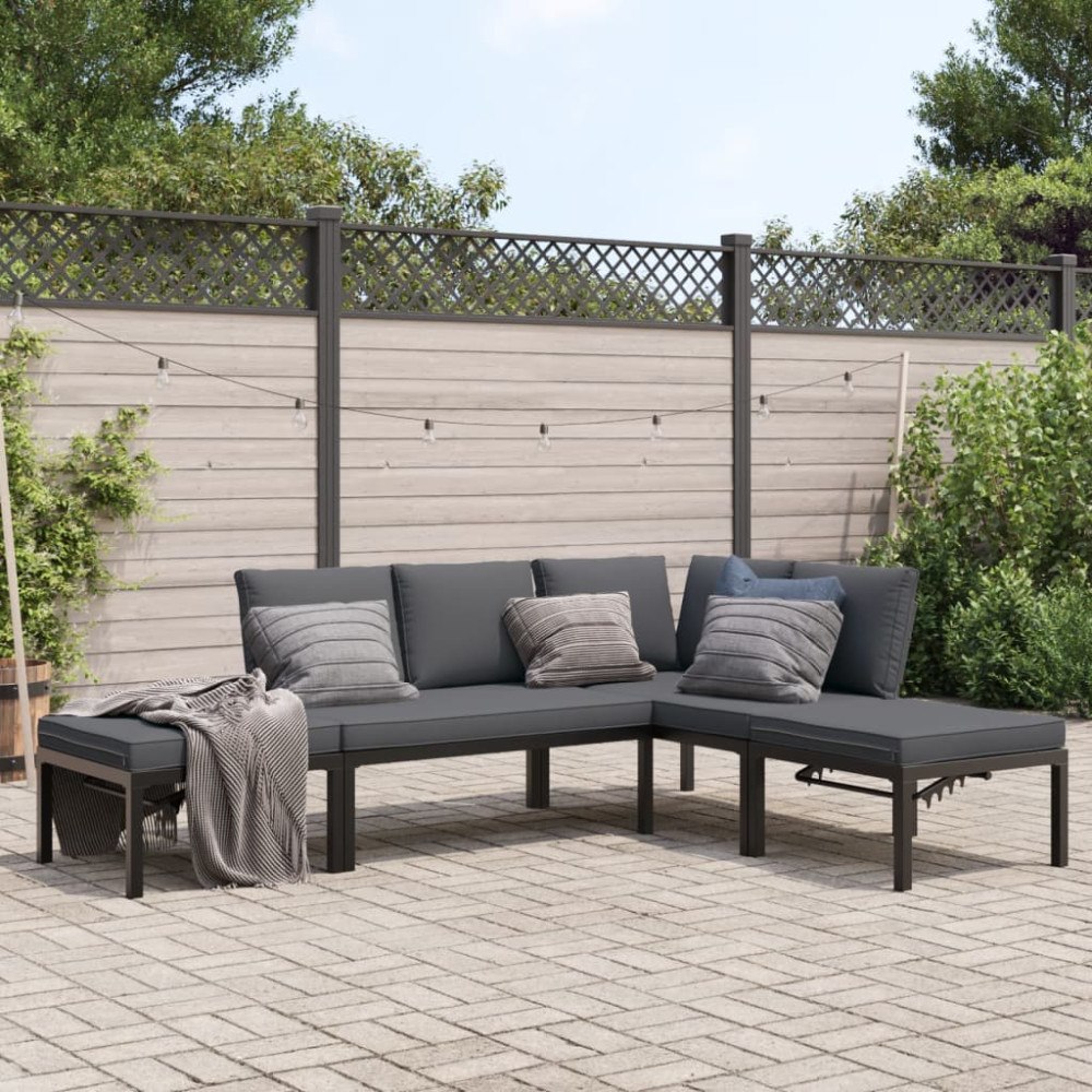 vidaXL Trädgårdssoffa med dynor 4 delar svart aluminium