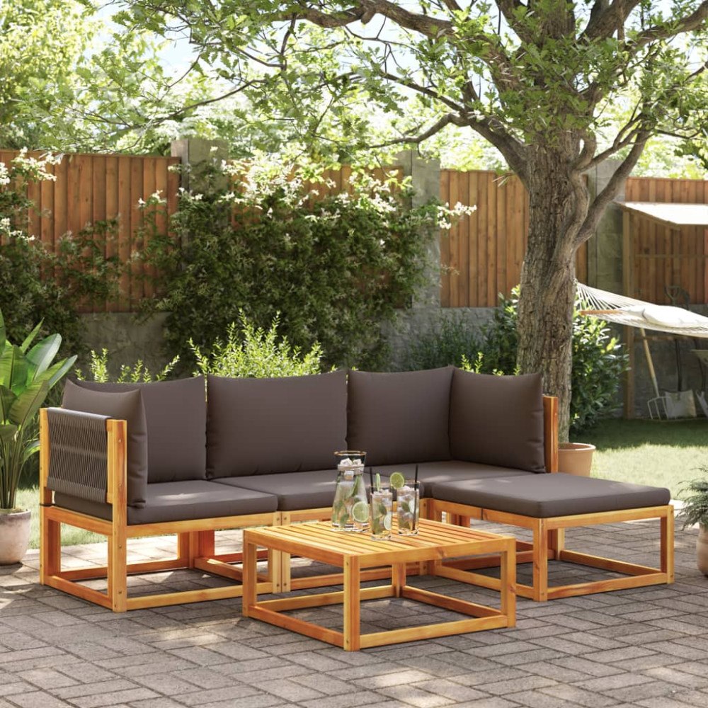 vidaXL 5-delad trädgårdssoffgrupp med kuddar trä akacia och rep