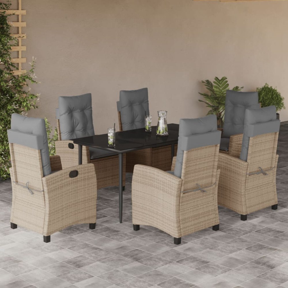 vidaXL Matgrupp för trädgården med dynor 7 delar mixbeige konstrotting