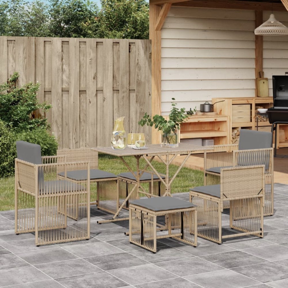 vidaXL Matgrupp för trädgården med dynor 7 delar beige konstrotting