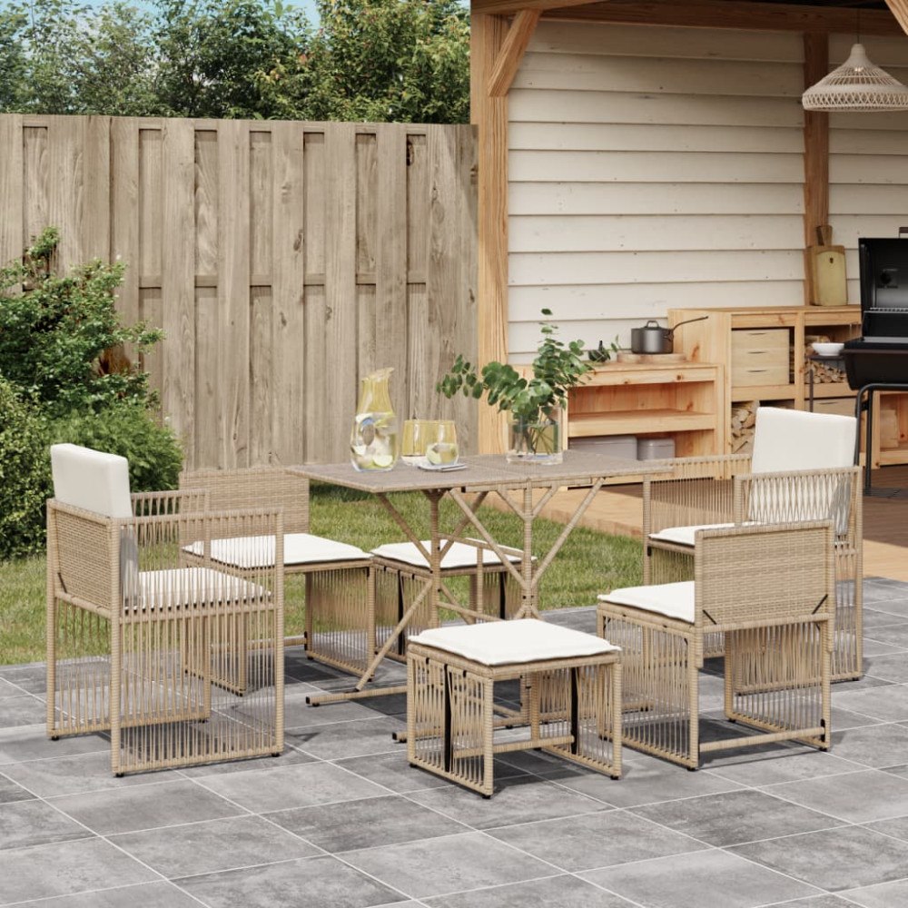 vidaXL Matgrupp för trädgården med dynor 7 delar beige konstrotting