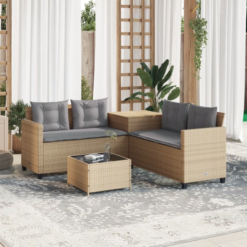 vidaXL Trädgårdssoffa med bord och dynor L-formad beige konstrotting