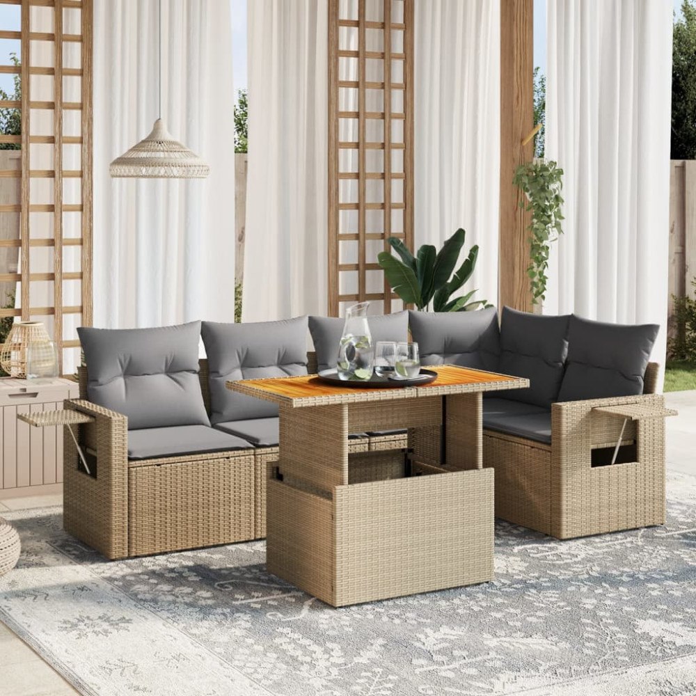 vidaXL Soffgrupp för trädgården med dynor 6 delar beige konstrotting