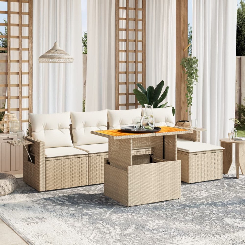 vidaXL Soffgrupp för trädgården med dynor 6 delar beige konstrotting