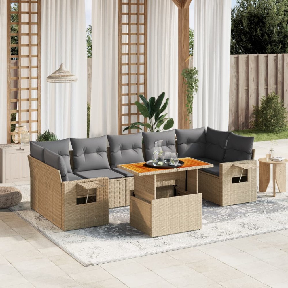 vidaXL Matgrupp för trädgården med dynor 8 delar beige konstrotting