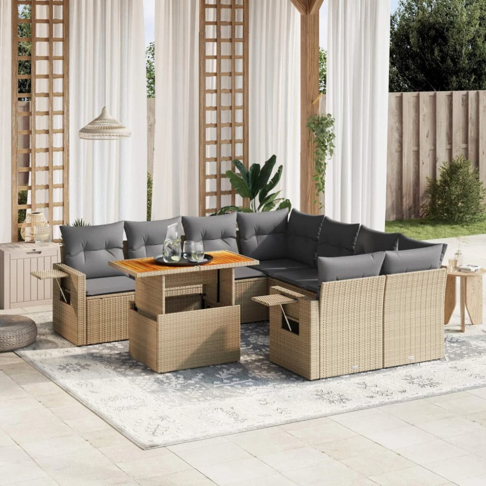 vidaXL Soffgrupp för trädgården med dynor 9 delar beige konstrotting