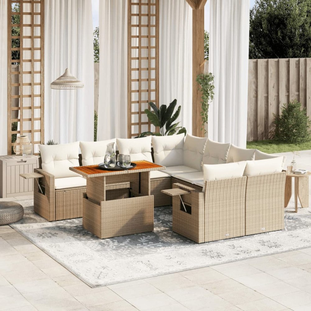 vidaXL Soffgrupp för trädgården med dynor 9 delar beige konstrotting