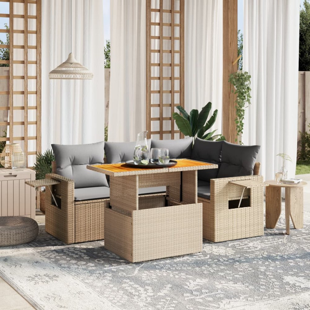 vidaXL Soffgrupp för trädgården med dynor 5 delar beige konstrotting