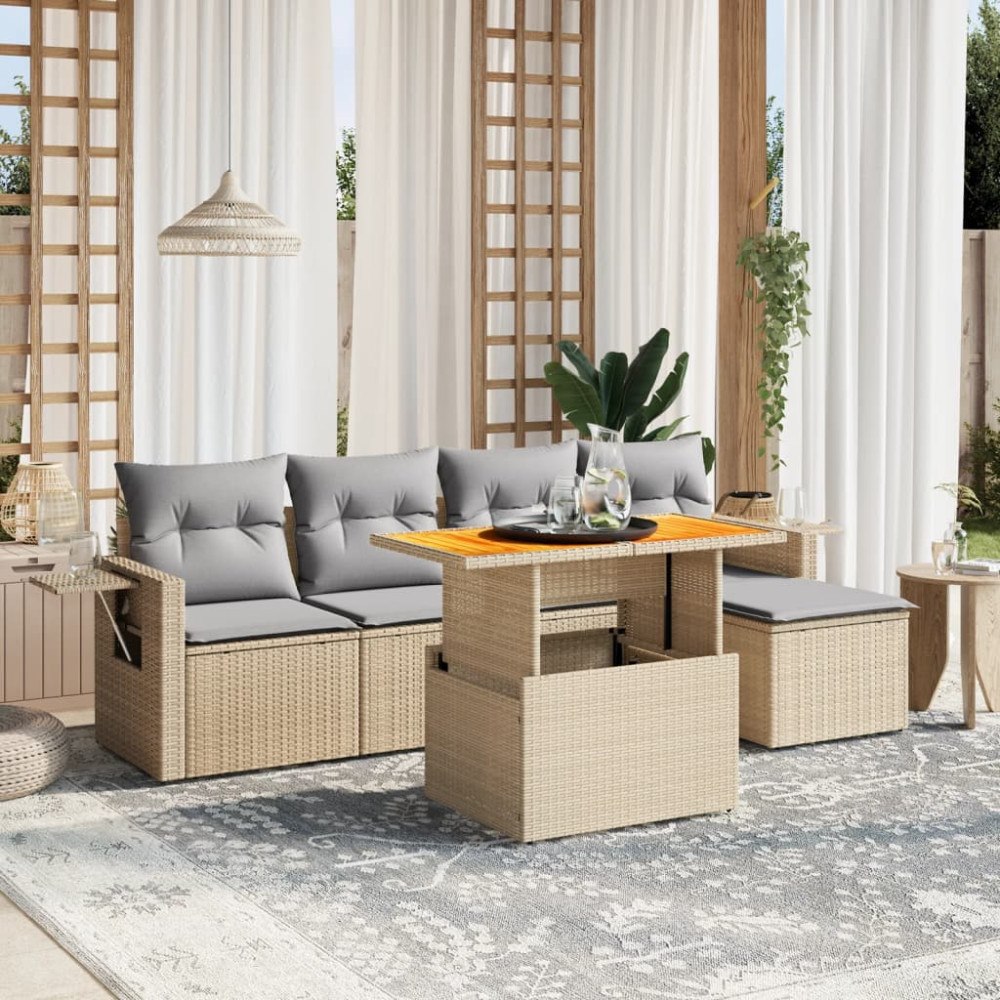 vidaXL Soffgrupp för trädgården med dynor 6 delar beige konstrotting