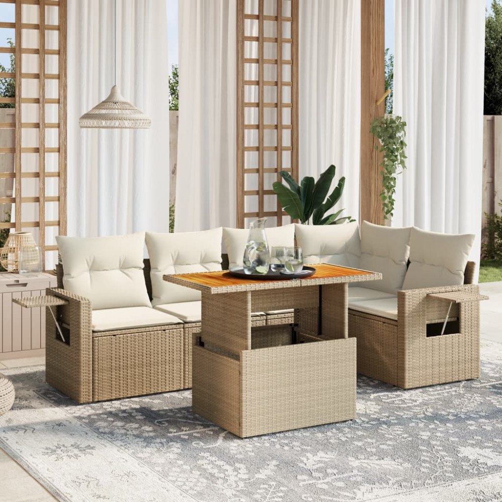 vidaXL Soffgrupp för trädgården med dynor 6 delar beige konstrotting