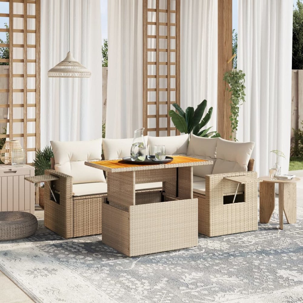 vidaXL Soffgrupp för trädgården med dynor 5 delar beige konstrotting