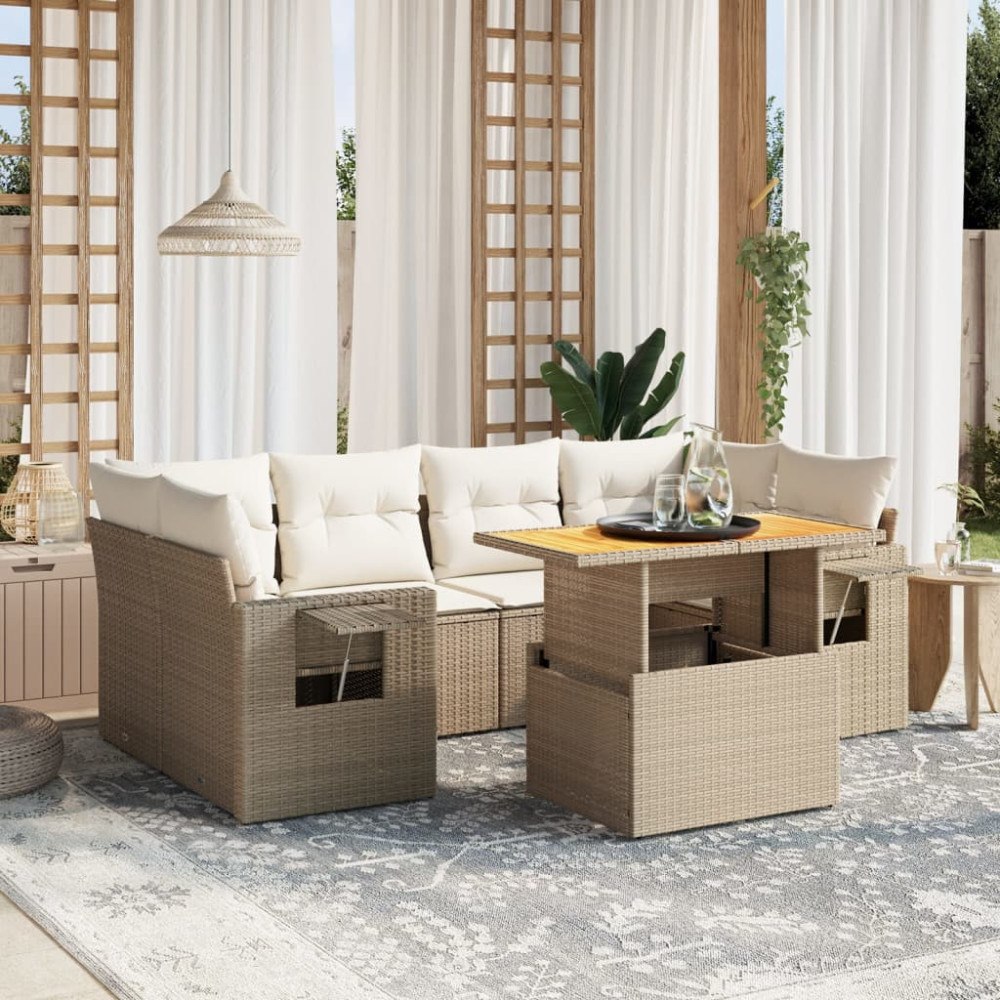 vidaXL Matgrupp för trädgården med dynor 7 delar beige konstrotting
