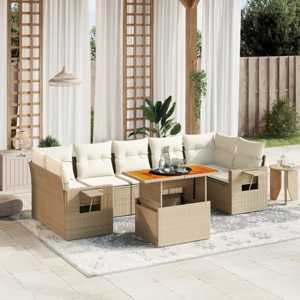 vidaXL Matgrupp för trädgården med dynor 8 delar beige konstrotting