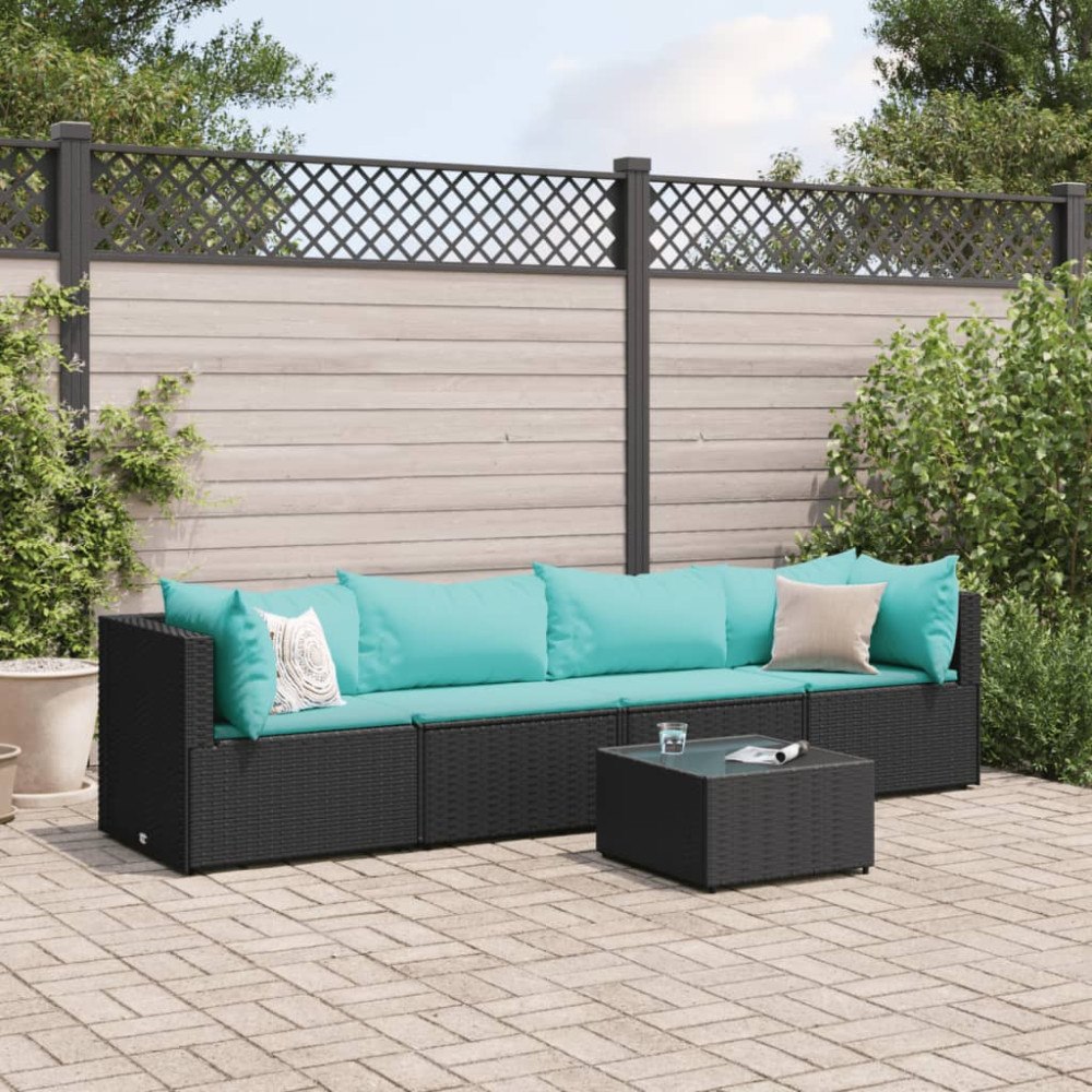 vidaXL Loungegrupp med dynor 5 delar konstrotting svart
