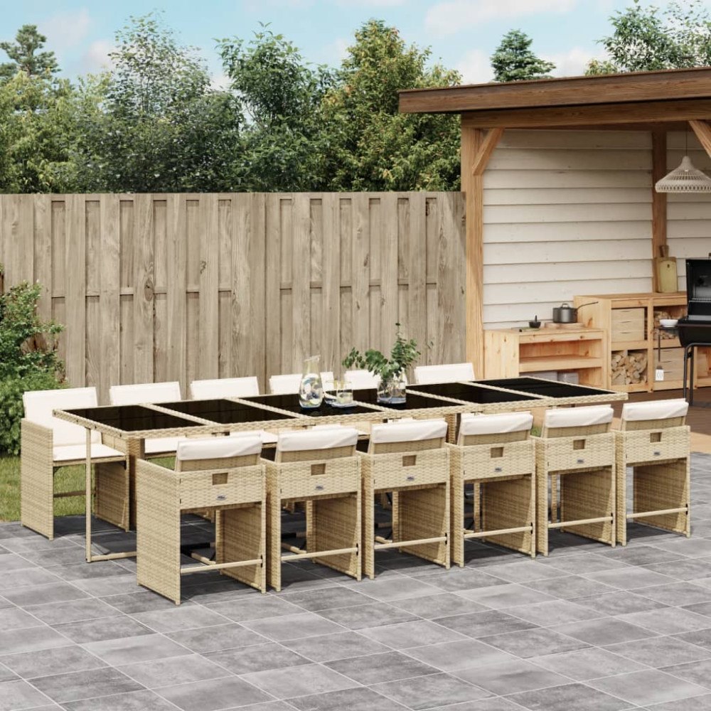 vidaXL Matgrupp för trädgården med dynor 13 delar beige konstrotting