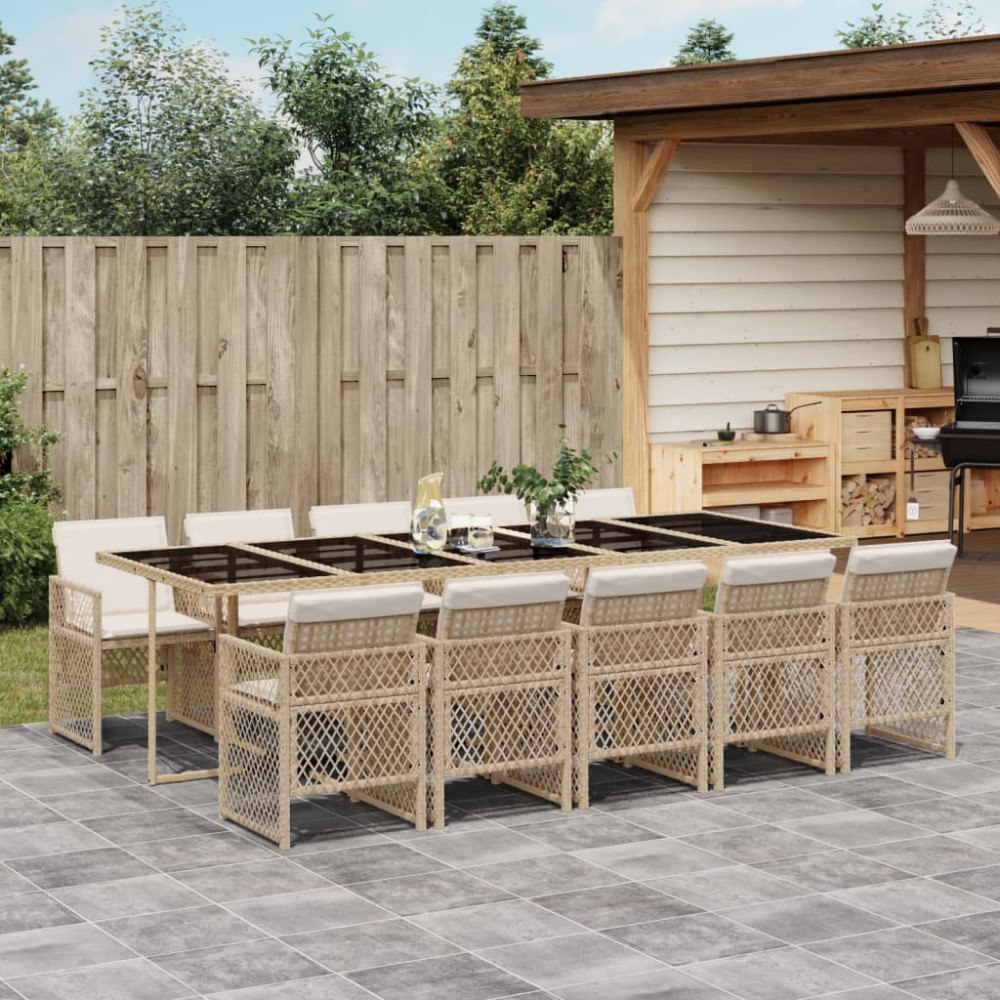 vidaXL Matgrupp för trädgården med dynor 11 delar beige konstrotting