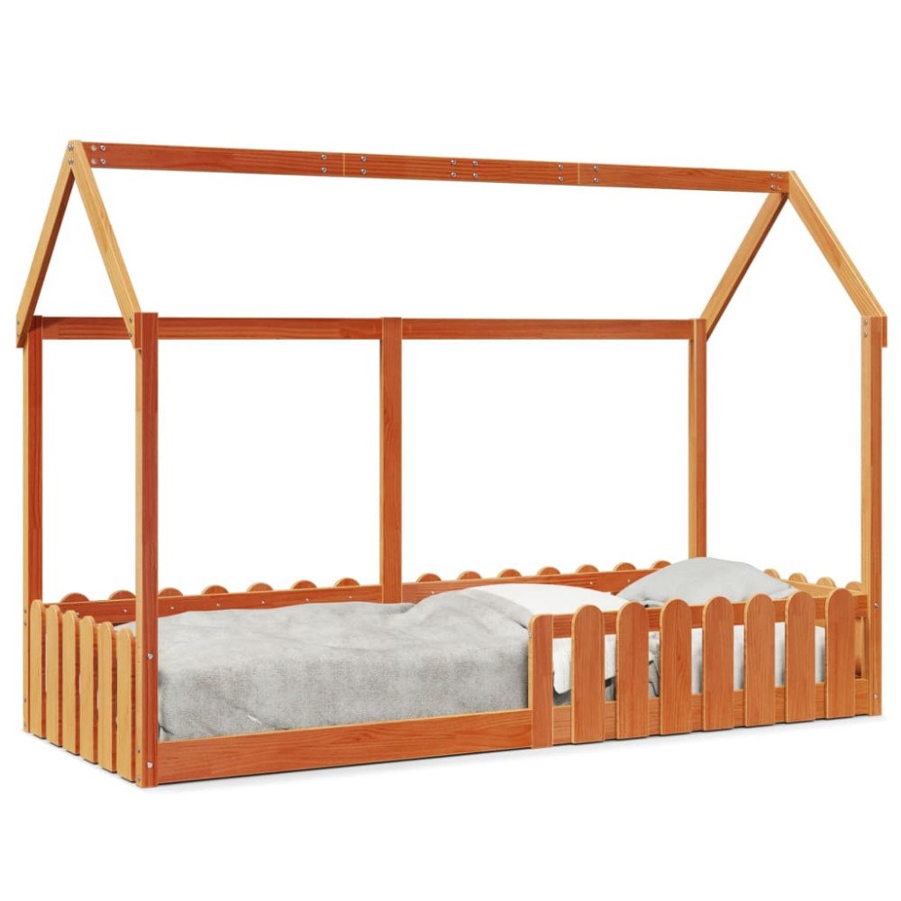 vidaXL Barnsäng med husram vaxad brun 80x200 cm massiv furu