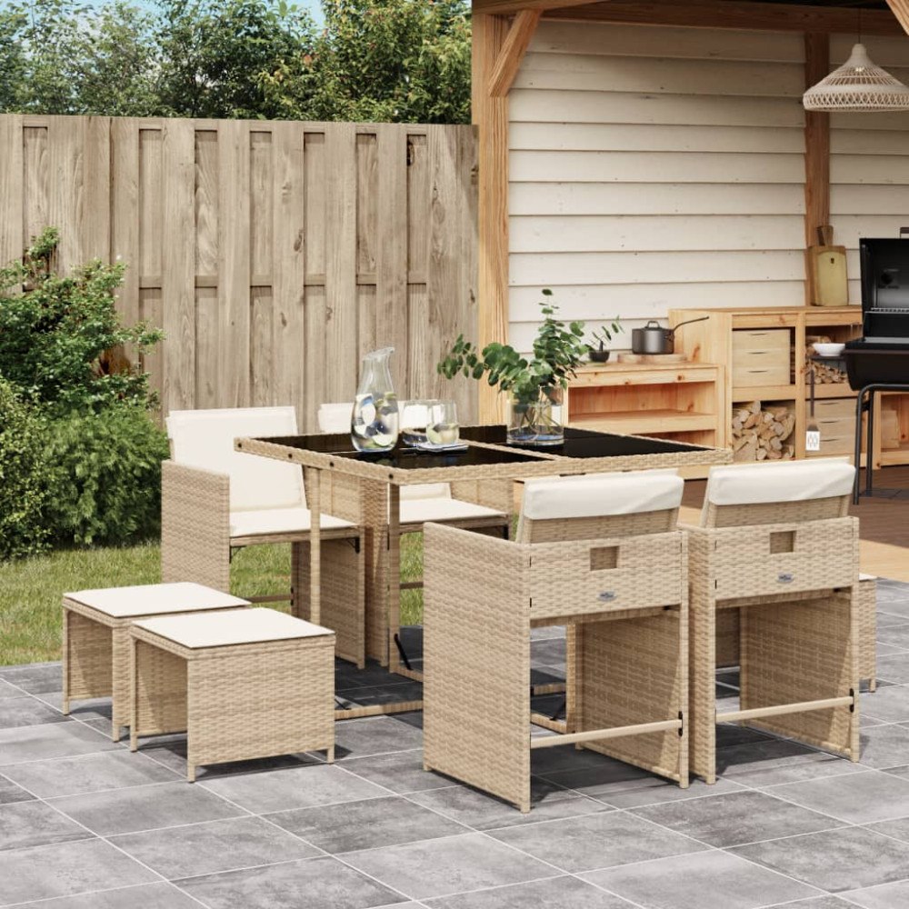 vidaXL Matgrupp för trädgården med dynor 9 delar beige konstrotting