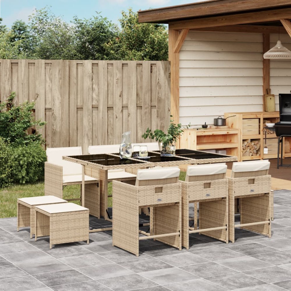 vidaXL Matgrupp för trädgården med dynor 11 delar beige konstrotting