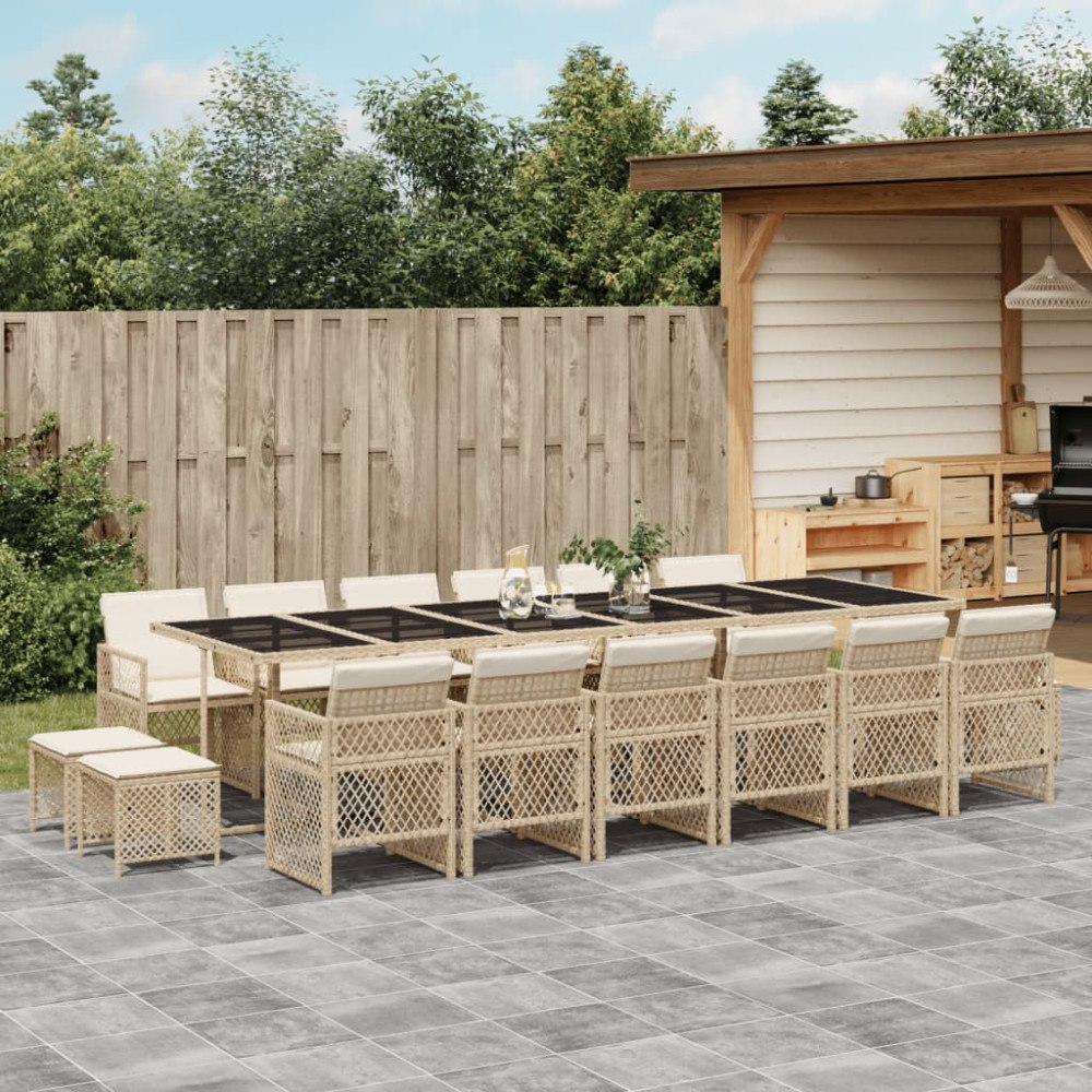 vidaXL Matgrupp för trädgården med dynor 17 delar beige konstrotting