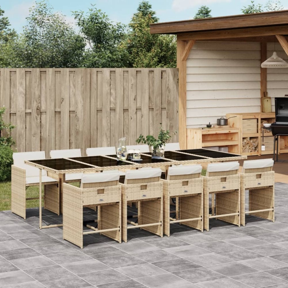 vidaXL Matgrupp för trädgården med dynor 11 delar beige konstrotting