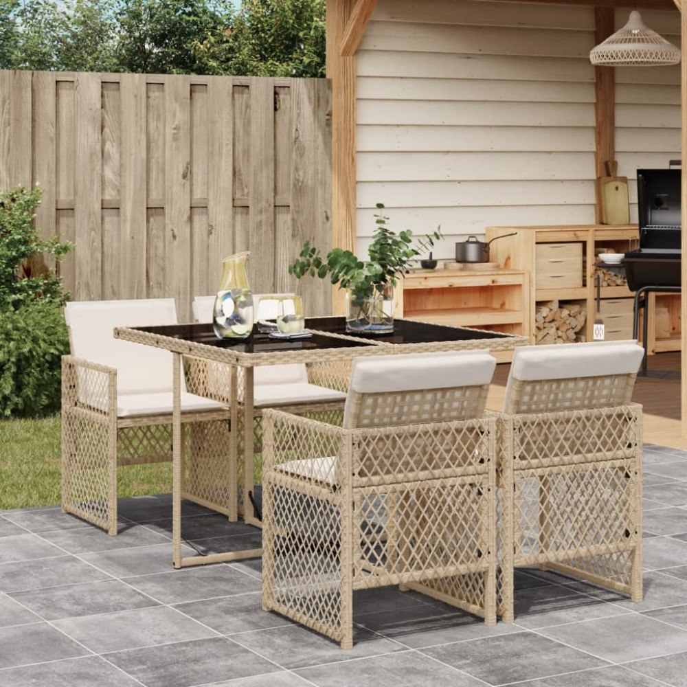 vidaXL Matgrupp för trädgården med dynor 5 delar beige konstrotting