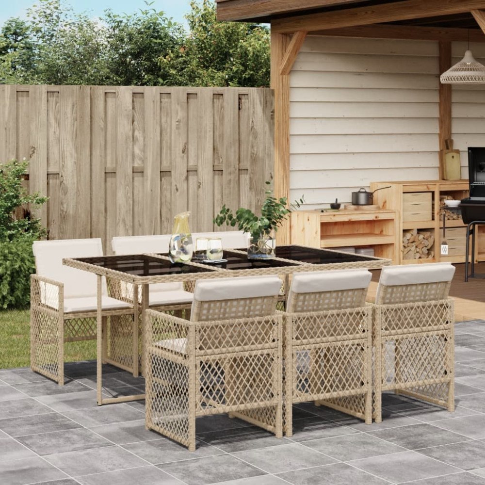 vidaXL Matgrupp för trädgården med dynor 7 delar beige konstrotting