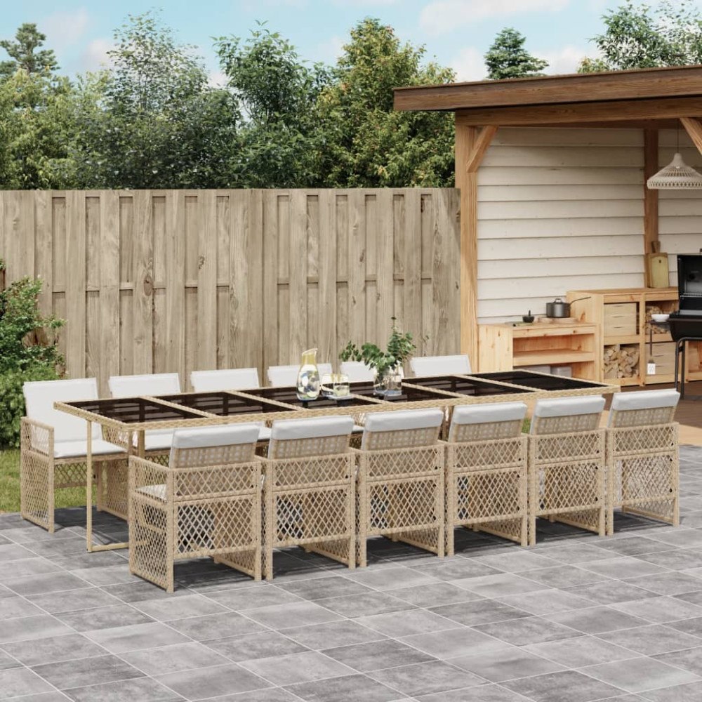 vidaXL Matgrupp för trädgården med dynor 13 delar beige konstrotting