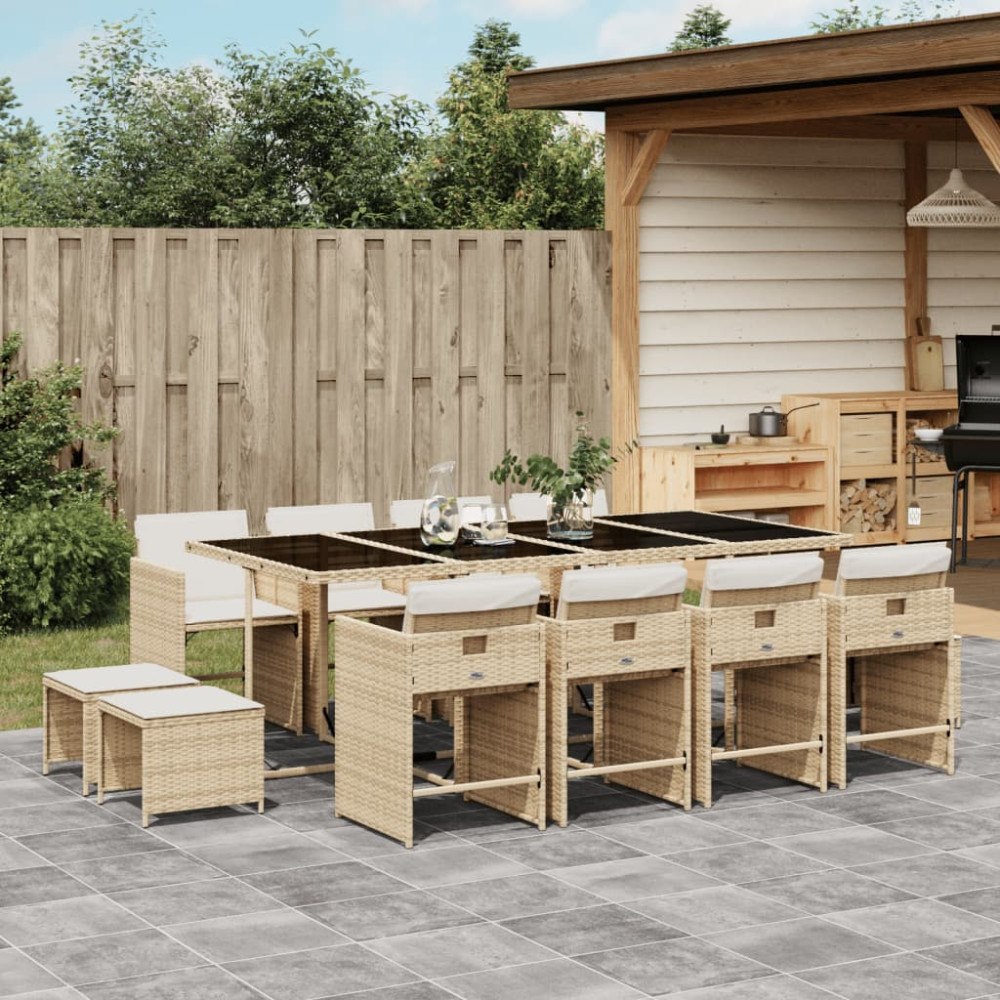 vidaXL Matgrupp för trädgården med dynor 13 delar beige konstrotting