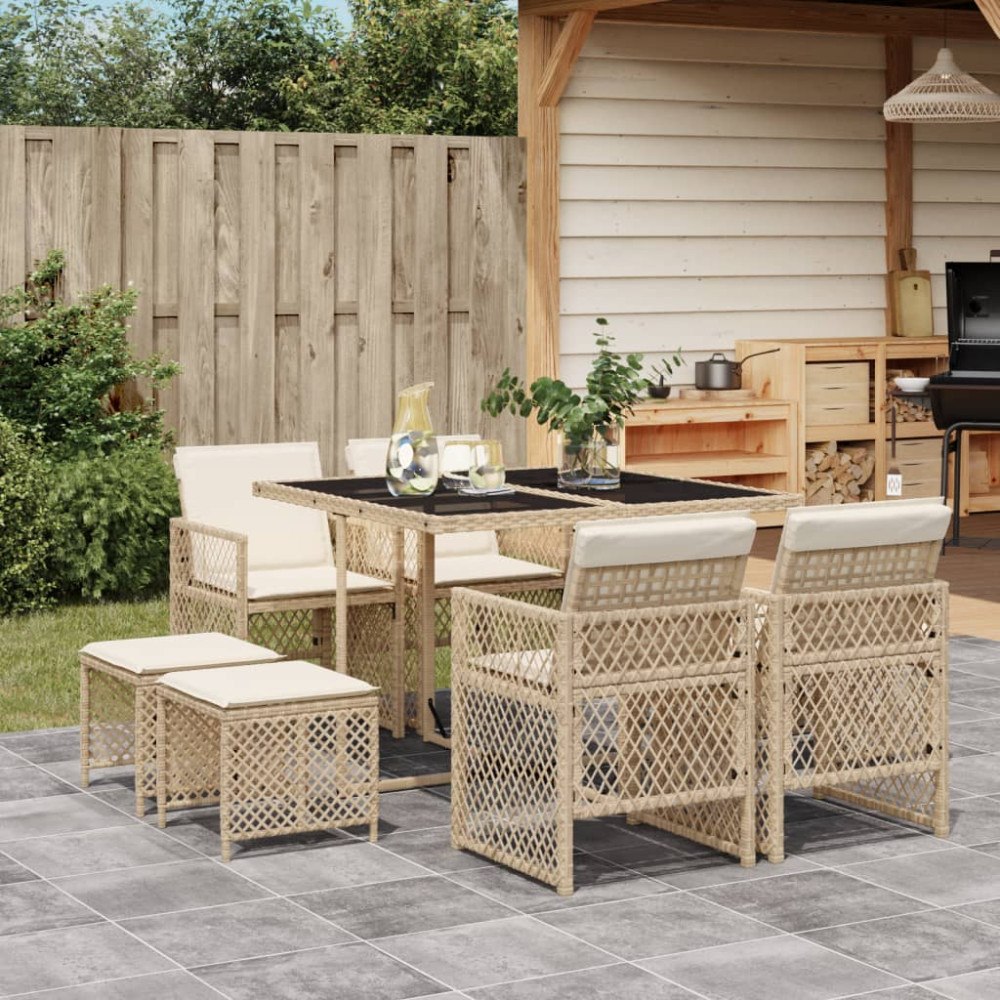 vidaXL Matgrupp för trädgården med dynor 9 delar beige konstrotting