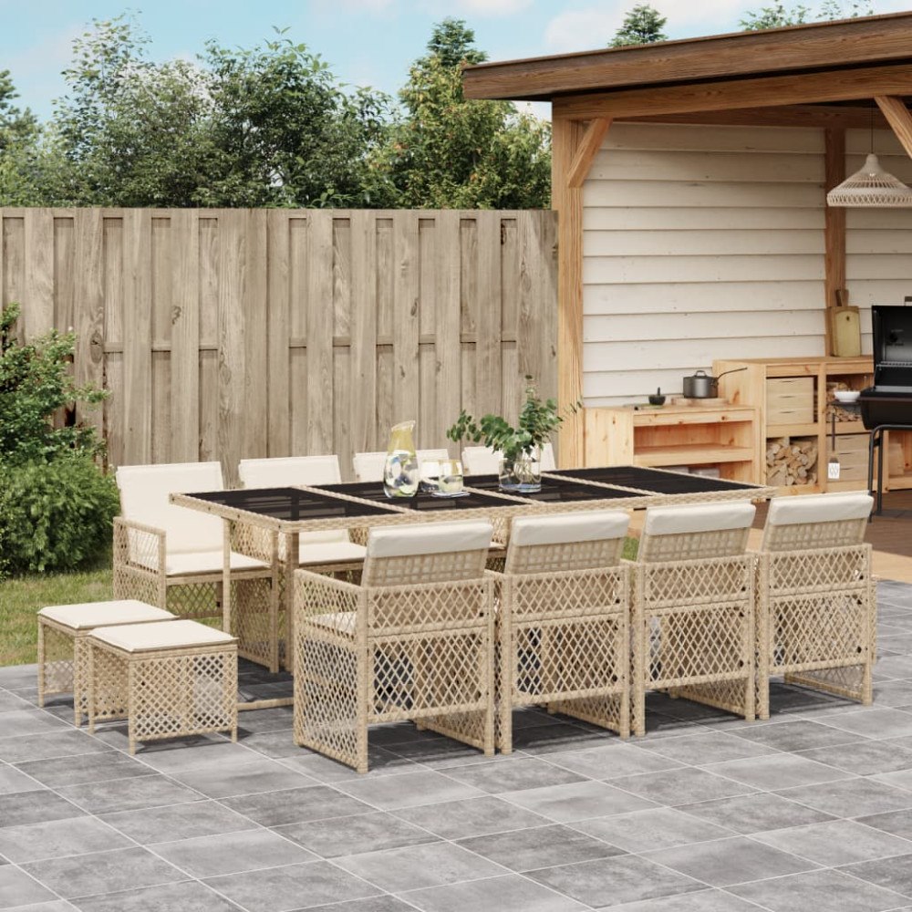 vidaXL Matgrupp för trädgården med dynor 13 delar beige konstrotting