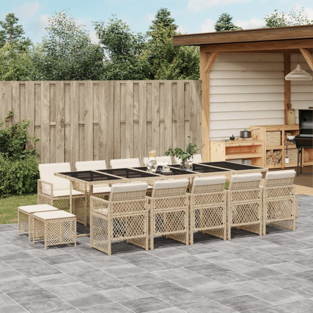 vidaXL Matgrupp för trädgården med dynor 15 delar beige konstrotting