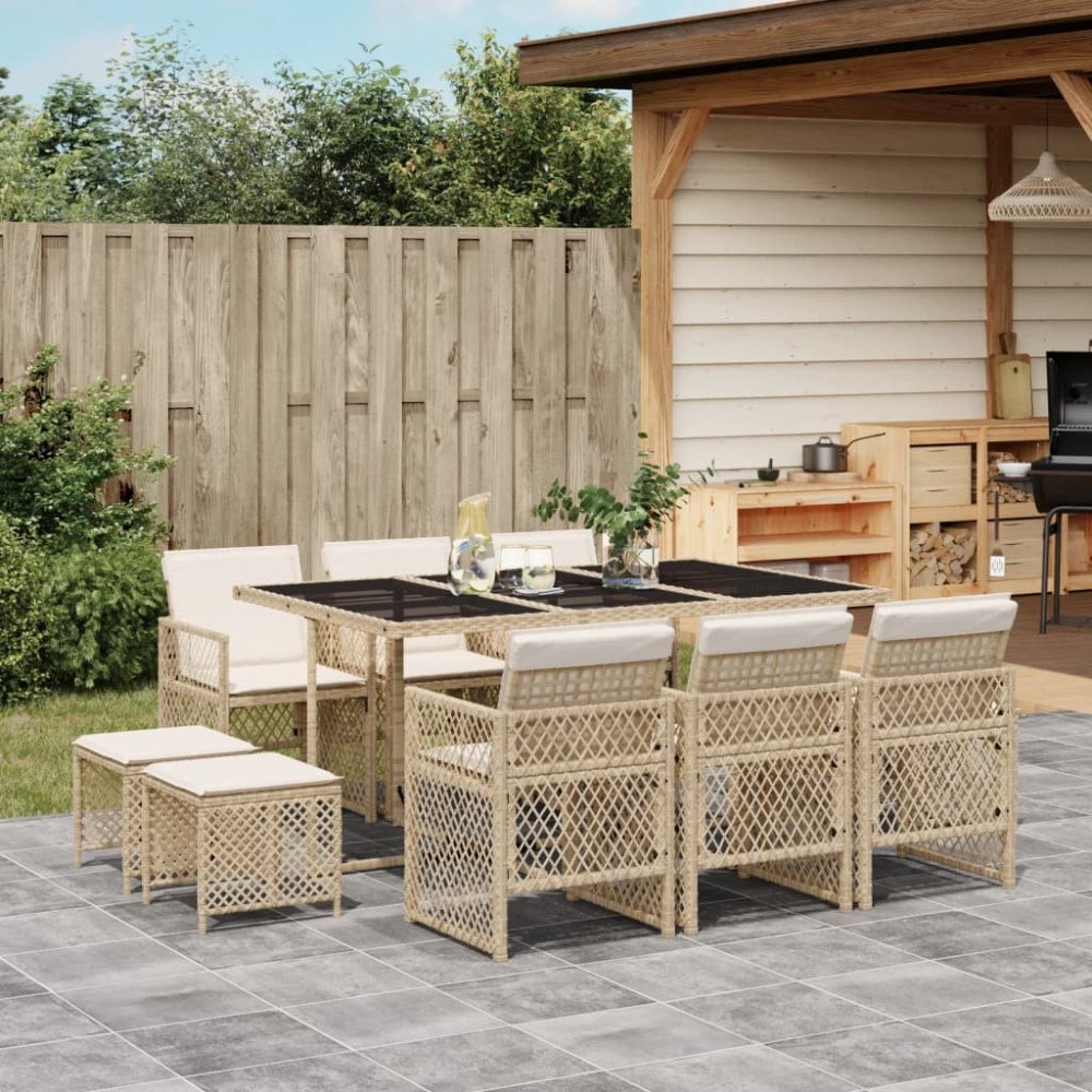 vidaXL Matgrupp för trädgården med dynor 11 delar beige konstrotting