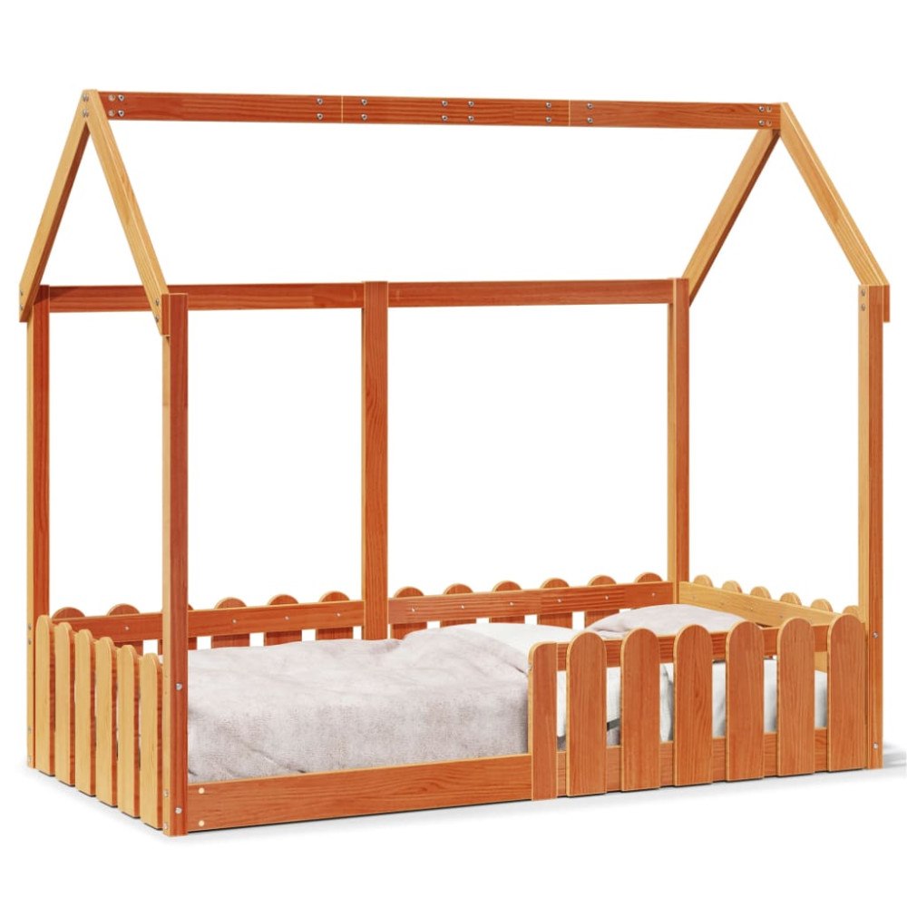 vidaXL Barnsäng med husram vaxad brun 80x160 cm massiv furu