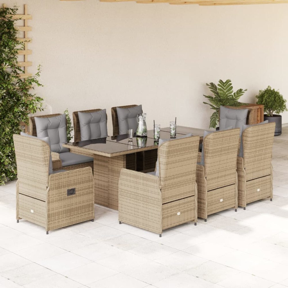 vidaXL Matgrupp för trädgården med dynor 9 delar beige konstrotting