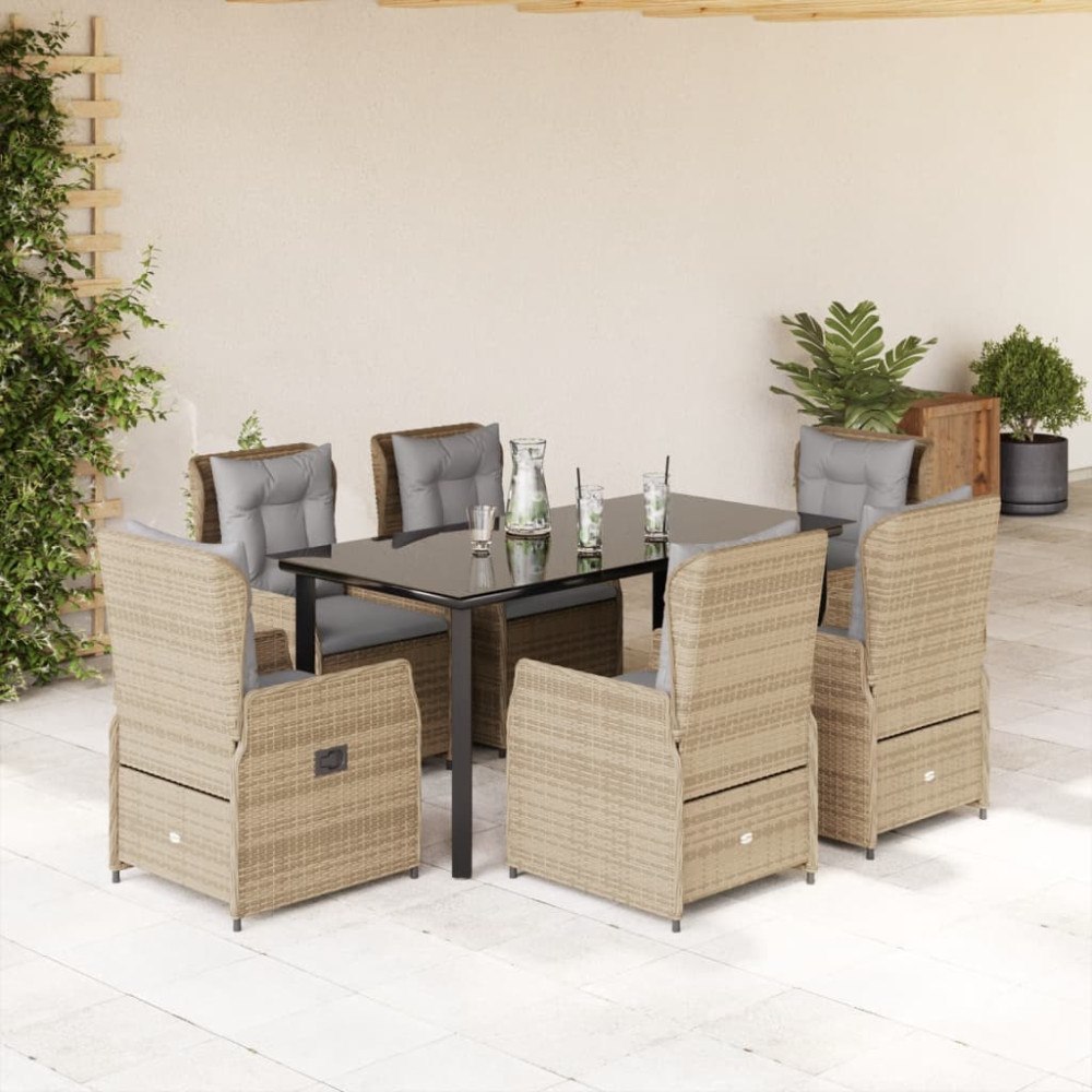 vidaXL Matgrupp för trädgården med dynor 7 delar beige konstrotting
